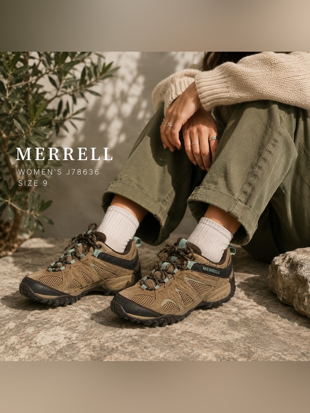 Merrell J78636 Women’s Hiking Shoes Tan Suede Mesh Trail Sneakers Size 9